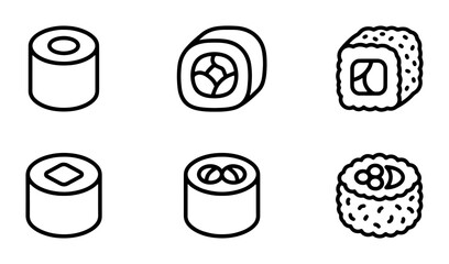 Sushi Icons Set, Japanese Food Vector Graphics, Simple Line Art Rolls © Sabiha