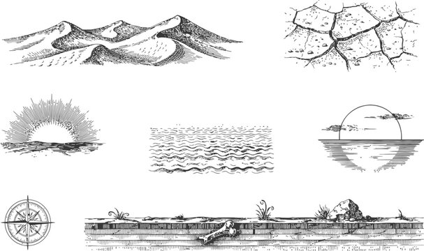 Desert landscape and water textures in vintage hand drawn woodcut style with sunset icons.