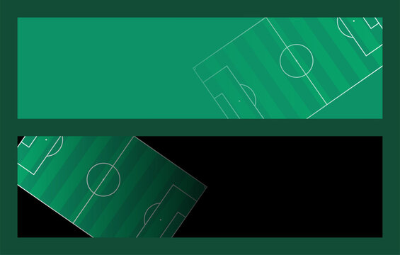 Football Pitch Banner Vector Illustration Set, Soccer Field Top View Background with Green Grass and White Line Markings. Aerial View Football Ground Banner Design for Sport Poster and Social Media.