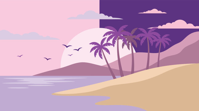 Minimalist tropical beach landscape with palm trees silhouettes under split color day and night sky with large sun circle vector