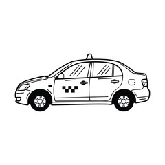 Fototapeta premium Simple black and white line art drawing of a taxi cab with a checkerboard logo on the side, viewed in profile.
