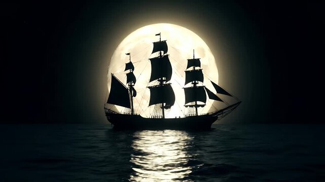 Pirate ship silhouette sailing on a calm ocean at night with a giant full moon glow.