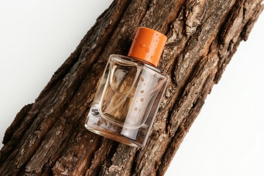 Clear glass perfume bottle with orange cap sits on textured tree bark. Water droplets on bottle and cap suggest freshness. Woodsy scent concept.