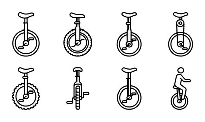 Unicycle Icons Set, Single Wheel Bicycle Vector Graphics, Circus and Sport Equipment Illustrations © Alif
