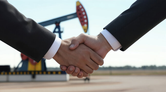 Two businessmen in suits shake hands. Oil pumps operate in background signifying energy sector deal. They establish partnership for oil extraction and trade.