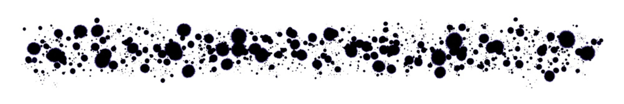 Black ink splatters and paint drops horizontal border. Abstract watercolor ink blots and watercolor spray texture, bleeding black ink stains, round splatters, watercolor droplets for graphic textures