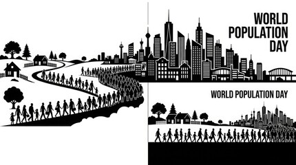 Naklejka premium World population day concept people moving towards a dense city skyline