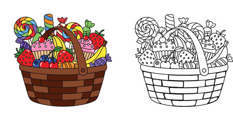 Fototapeta premium Sweet Treats Basket: Delicious Candies, Fruits, and Cupcakes for a Festive Occasion