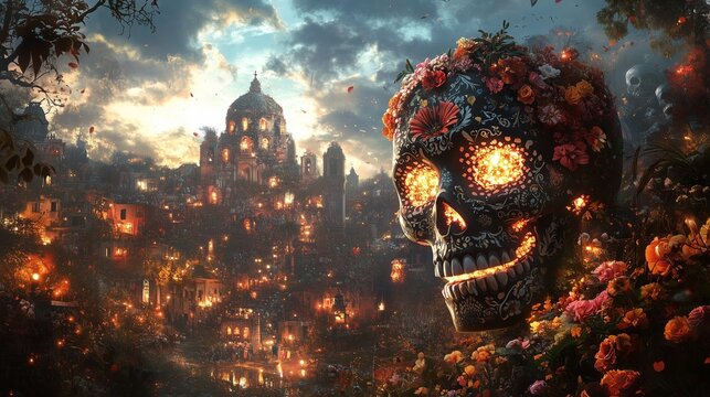 Ornate Sugar Skull Celebrating Dia De Los Muertos Traditional Mexican Culture Festival Spirit World Fantasy Landscape