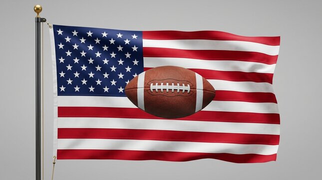   
American flag draped above wooden surface, brown leather football resting beneath, symbolizing patriotism, national pride, and beloved pastime, merging heritage with sport in timeless cultural imag