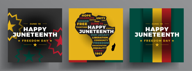 Fototapeta na wymiar Happy Juneteenth Freedom Day social media background templates - vector illustration with Pan-African flag colors and word cloud Juneteenth day conceptual typography design - black, green, red, gold