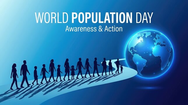 World population day awareness campaign with silhouettes and globe