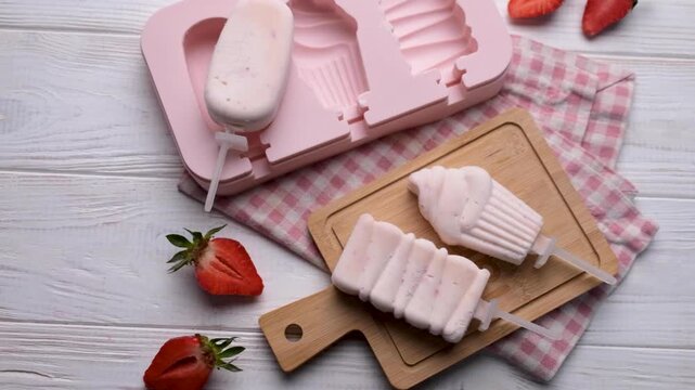 Homemade strawberry popsicles on a wooden background