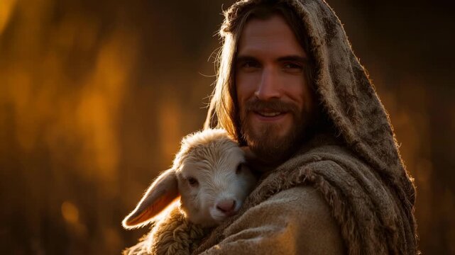 Jesus Christ embracing a white lamb outdoors in a peaceful natural setting, symbolizing compassion, faith, protection, hope, and the biblical image of the Good Shepherd.