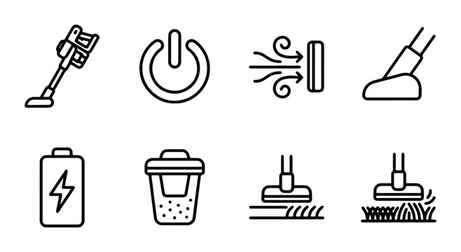 Vacuum Cleaner Icons, Cordless Device Set, Cleaning Tools, Power Button, Battery Charge