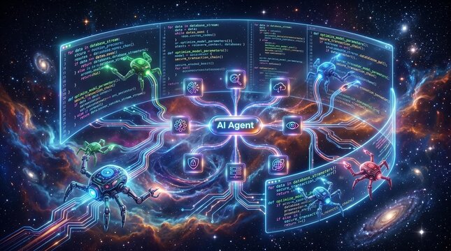 Futuristic AI Agent Dashboard with Cyber Crawler Robots Modifying Code