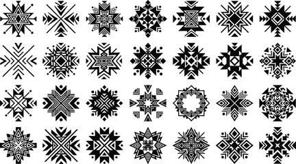 Obraz premium Geometric Snowflake Ornament Collection with Tribal Mandala Patterns Decorative Symmetry and Abstract Vector Design Elements