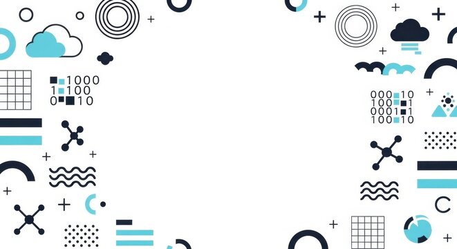 Abstract technology concept with modern geometric shapes and binary code in a vibrant composition.