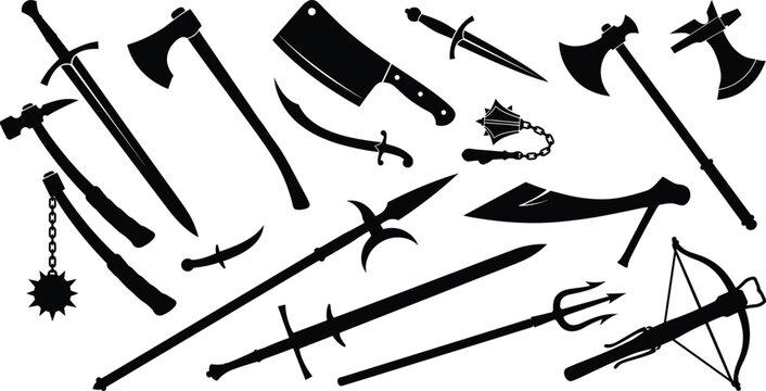 Medieval Weapon Silhouette Collection with Swords Axes Spears Crossbow and Fantasy Combat Vector Design Elements