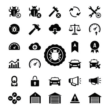Software Bug Icons: Debugging, Testing, Car, Cloud, Scale, Speed, Garage, Security