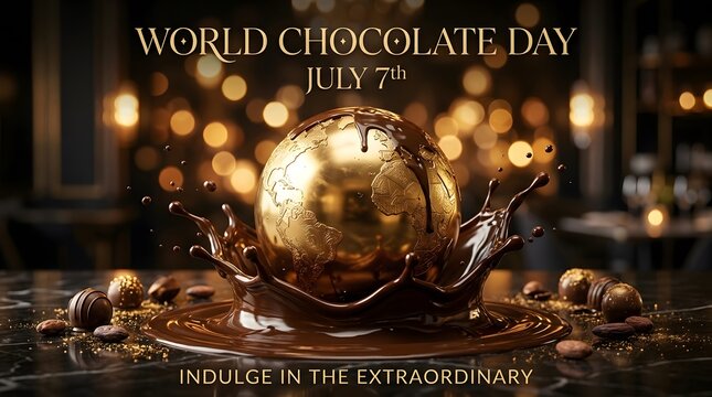World chocolate day july 7th celebration with a golden globe melting in a pool of liquid chocolate with truffles on a marble surface