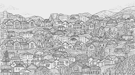 Fototapeta premium Detailed hand-drawn village and town illustration showing a dense hillside landscape with houses, trees, and winding paths in a sketchy style.