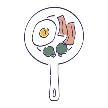 ワンパン、フライパン、おしゃれ、キャンプ飯、朝食、目玉焼き、ベーコン、ブロッコリー、かわいい、メニュー、料理、シンプル、線画、手書き、白背景、背景白、イラスト、食べ物、食事、ベクター、白バック、野菜、アイコン、フード、挿絵、キャンプ、アウトドア、食品、ご飯