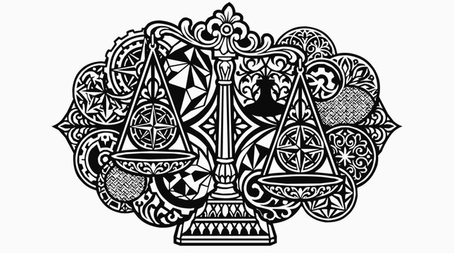 Ornate - Intricate Black and White Stylized Scales of Justice with Compass Rose and Mandala Motifs