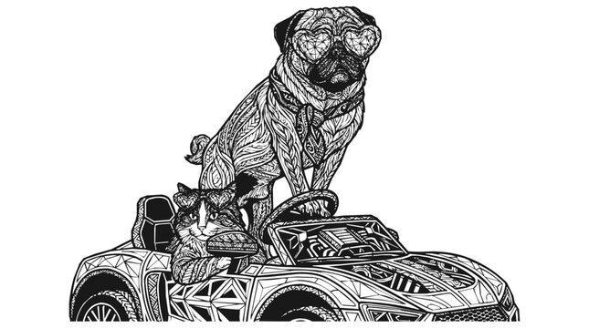 Intricate zentangle pug and cat wearing sunglasses in a toy car illustration, decorative dog and kitten line art for coloring book