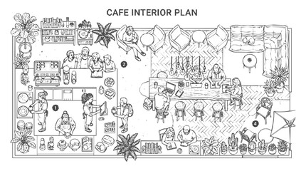 Obraz premium Detailed hand-drawn cafe interior floor plan and layout of a modern coffee shop featuring people, baristas, and furniture in an artistic sketch style