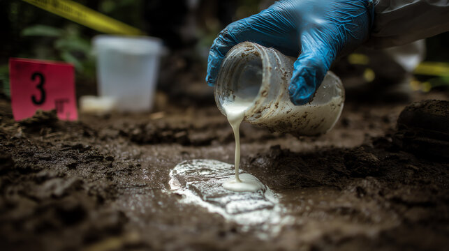 A crime scene investigator casts a footwear impression in wet soil pouring white plaster from a jar next to a red evidence number marker outdoors