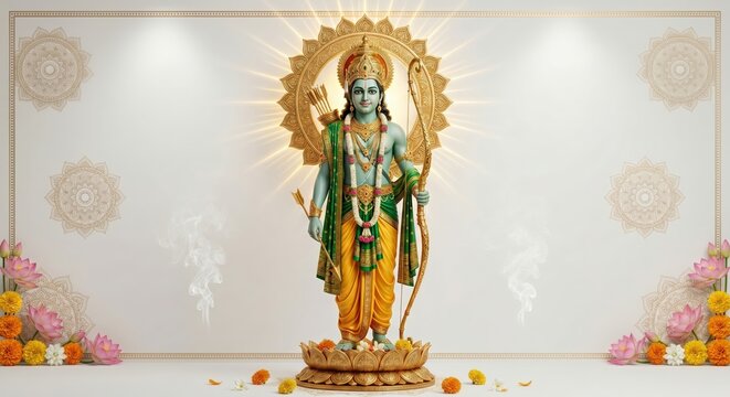 Lord rama standing with bow and arrow on lotus pedestal against ornate background with floral decorations for spiritual worship and cultural celebration of hindu festivals