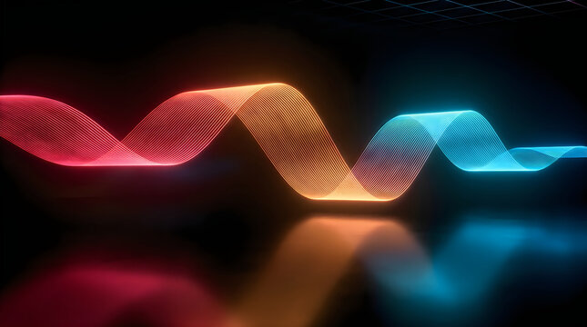 Abstract wave lines in neon colors glowing against dark background featuring smooth flowing light trails creating modern digital art concept for futuristic graphic design and visual display.