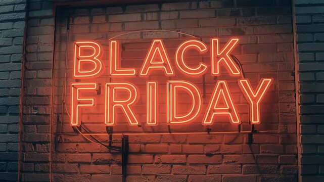 Illuminated Black Friday Neon Sign Glowing Orange on Dark Brick Wall