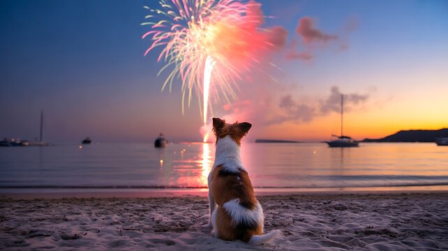 Dog watching fireworks at beach during sunset peaceful seaside celebration concept
