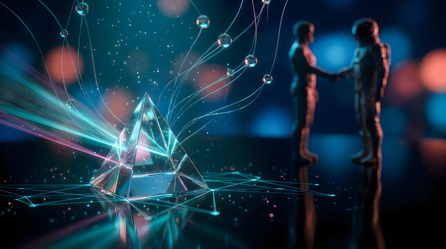 Digital network connects two figures in business handshake symbolizing partnership and growth in future technology and data analysis concepts with glowing abstract elements.