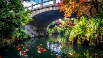 Fototapeta premium Concrete arch bridge over a tranquil waterway teeming with vibrant orange fish