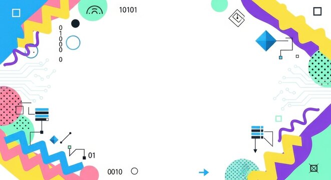Digital data visualization frame with binary code and abstract flowing organic tech shapes.