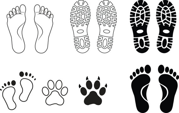 Footprint and paw track icons collection with barefoot shoe sole and wildlife trail symbols vector illustration