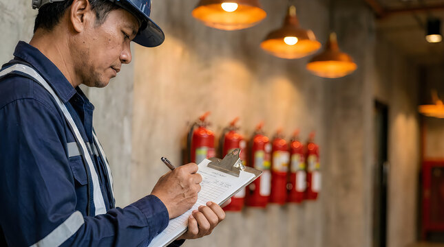 Fire safety officer in hard hat inspecting fire extinguishers on wall. industrial worker checking equipment in a building.