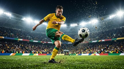 Fototapeta premium Professional soccer player kicking ball in stadium, dynamic football match action under bright floodlights, athletic man in yellow and green uniform