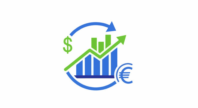Abstract icon showing a financial growth chart with dollar and euro symbols