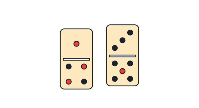 Two cream colored domino tiles with black and red dots showing different numeric values on a plain white background.