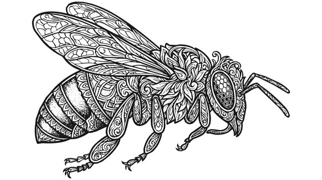 Highly Detailed Honey Bee Mandala Zentangle Style Insect Illustration for Adult Coloring Page featuring Intricate Floral Patterns and Line Art Design