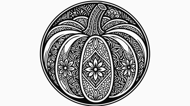 Intricate Black and White Mandala Pumpkin Design with Floral Patterns in a Circle, Perfect for Fall and Halloween