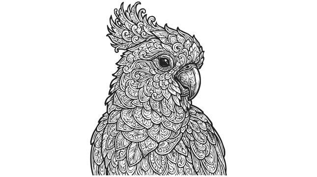 Detailed cockatoo coloring page with mandala and zentangle patterns, featuring a majestic tropical bird with intricate floral feather designs