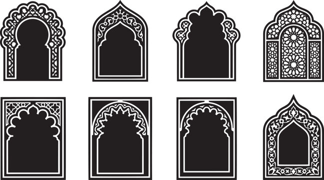 Abstract Islamic Geometric Arch Border Set, Modern Arabic Mosque Mehrab Window Frame Vector Elements for Halal Ramadan Greeting Design