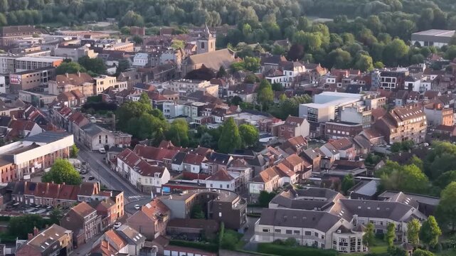 Aerial view beside the old town above the city Menen in Belgium, on a sunny afternoon in early summer.