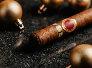 Obraz premium Close-up view of a premium cigar resting on a dark marble surface, adorned with golden festive ornaments. Luxury gift for special occasions and holiday celebrations.