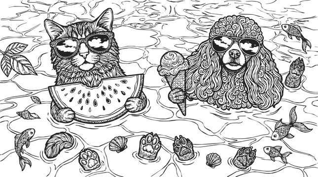 Cool cat and dog wearing stylish sunglasses while eating a watermelon slice and ice cream cone in rippling summer water, whimsical coloring page art.